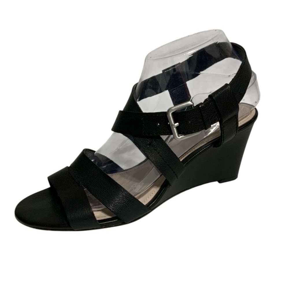 TAHARI Size 8.5 Valen Black Strappy Wedge Sandals Open Toe Heels Leather